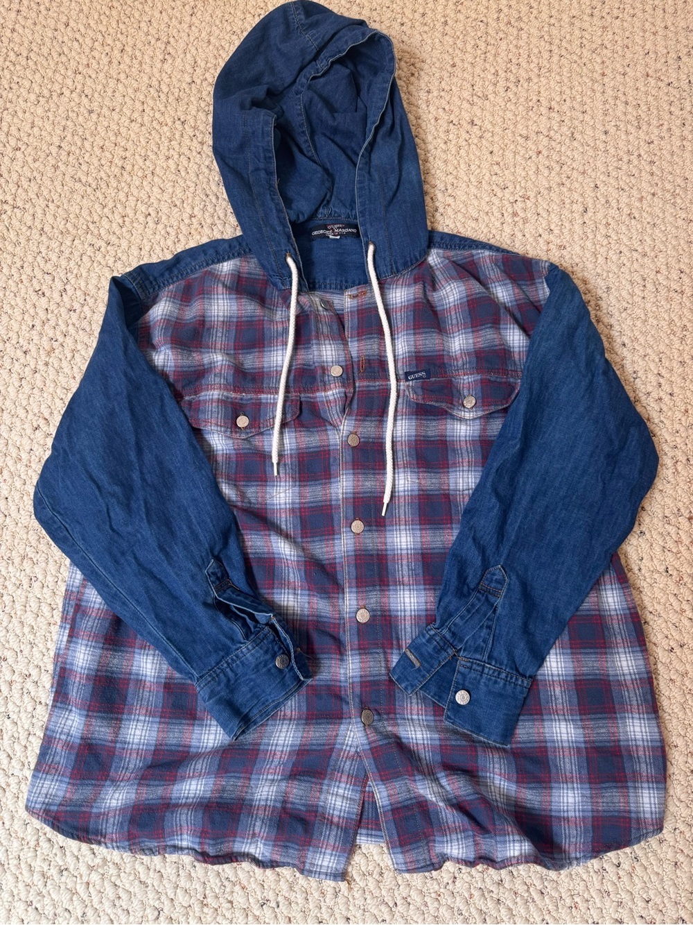 Vintage Guess Georges Marciano Flannel Multicolor Plaid Hooded 90s New York